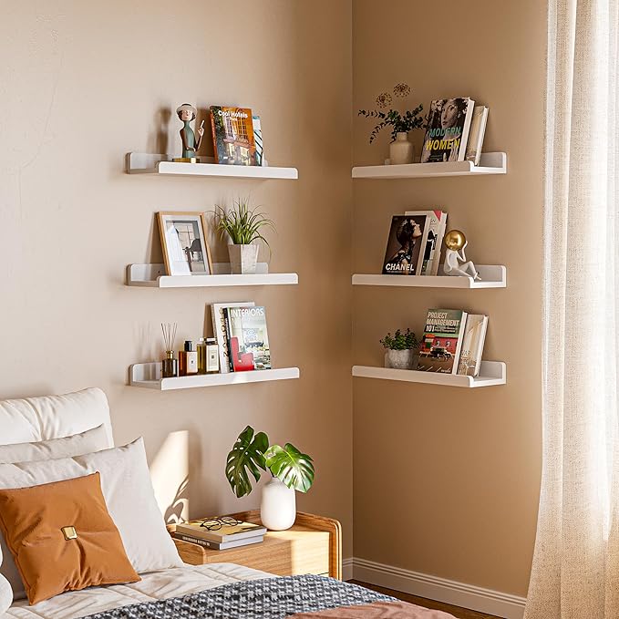 YUFLINX 16’’White Floating Shelves for Wall with Anti-Crash Design Set of 6,Nursery Book Shelves for Room Decor/Storage/Display,Hanging Wall Shelves for Bedroom, Bathroom, Living Room,Kids Room