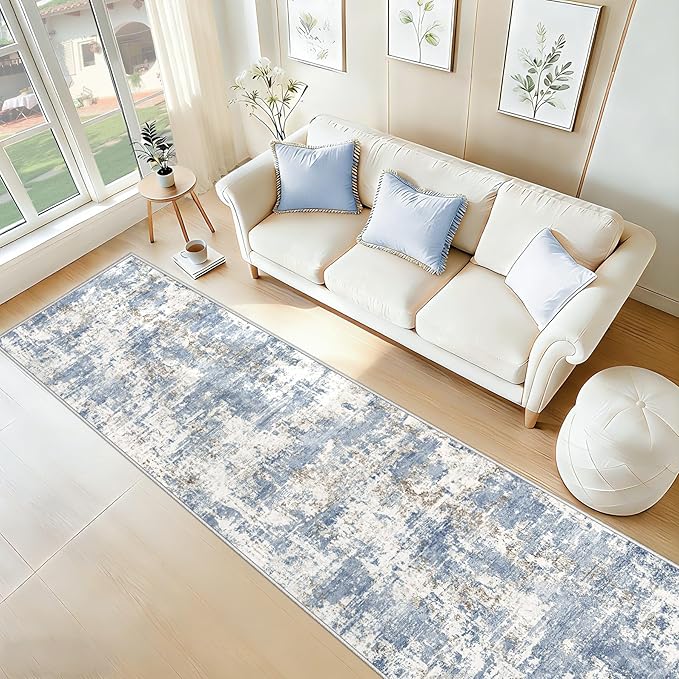 XLUEZ 2.6x10 Runner Rug for Hallway, Washable Modern Abstract Runner Rugs Neutral Soft Non Slip Kids Rug Stain Resistant Indoor Runners for Entryway Bedroom Kitchen Laundry Room(Blue, 2'6''x10')