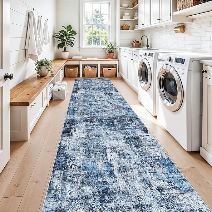 3x15 Ft Long Hallway Runner Rug - Non-Slip Washable Kitchen Runner Rug with Rubber Backing | Modern Abstract Wide Floor Carpet Runner for Indoor Entryway, Bedroom, Living Room（Blue）