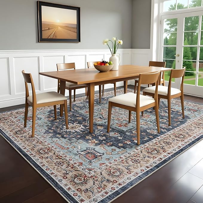 Dining Room Rugs for Under Table - Washable 6x8 Area Rug for Living Room Bedroom Soft Low Pile Non Slip Stain Resistant Carpet - Perfect for Homes with Pets & Kids (Blue/Teal/Orange, 6x8)
