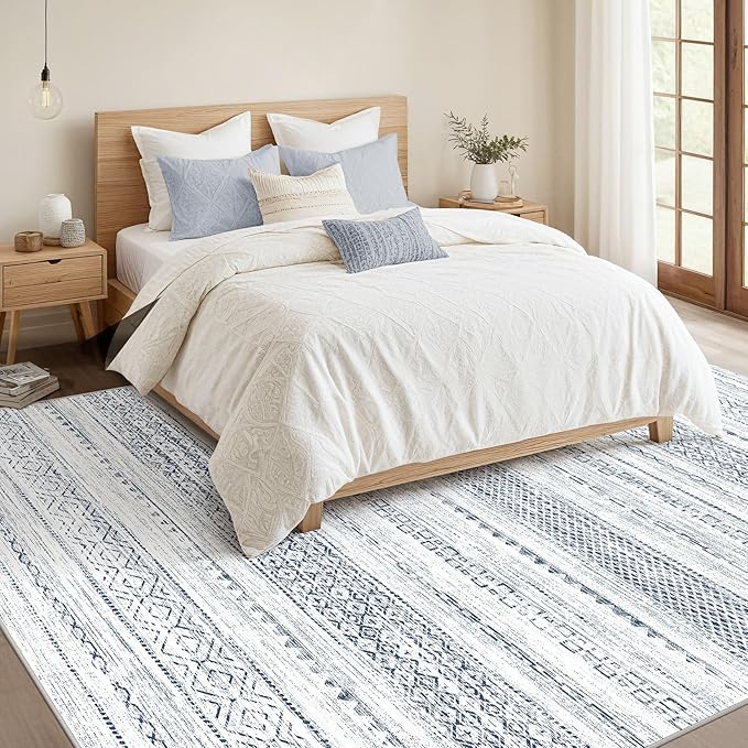 Nakagishi 9x12 Area Rugs Living Room: Washable Boho Large Neutral Soft Farmhouse Rug Stain Resistant Modern Indoor Floor Non-Slip Carpet for Bedroom Nursery Kids Playroom Office Dining Dorm-White Blue
