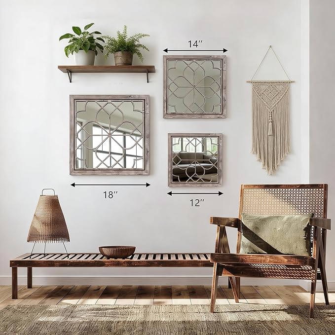 Set of 2 18 Inch Large Square Brown Window Pane Wall Mirrors, Shatterproof Rustic Farmhouse Boho Vintage Accent Mirrors for Living Room, Bedroom, Bathroom, Entryway & Home Decor