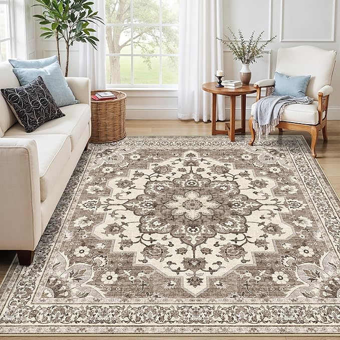 TOPRUUG Washable 7x7 Rug Square - Soft Living Room Area Rug for Under Sofa Non-Slip Rugs for Bedroom Dining Room - Stain Resistant Farmhouse Decor for Family with Pets & Kids (Beige, 7x7)