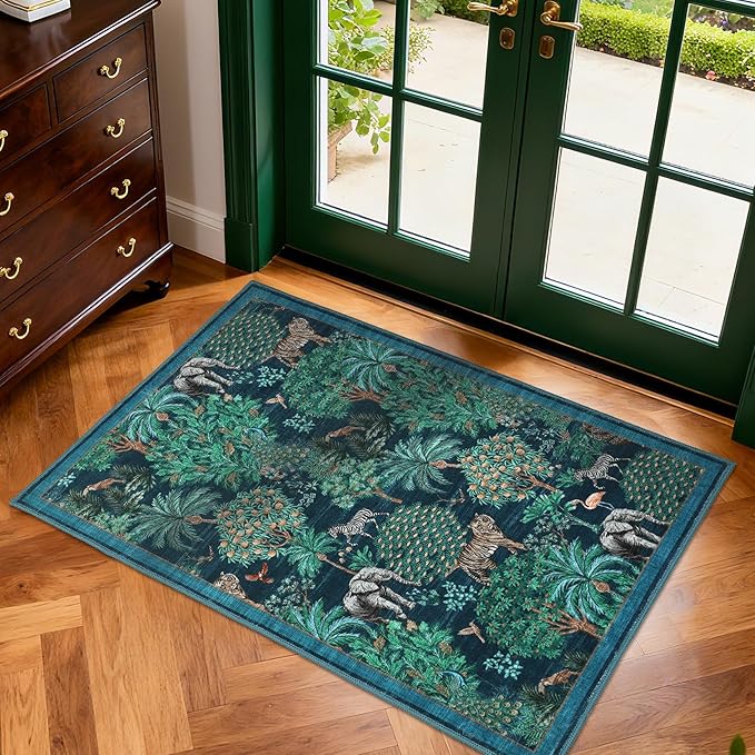 GarveeHome Jungle Rug 2x3 Animal Print Rugs Non Slip Washable Front Door Rug for Entryway, Indoor Kitchen Rugs Low-Pile Small Door Mat Forest Carpet for Bedroom Home Décor, Blue