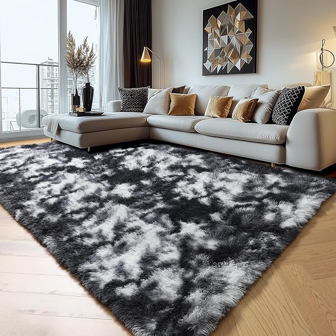 Amdrebio Black White Grey Rugs for Living Room Bedroom, 8x10 Large Fluffy Shaggy Furry Area Rug for Kids Room Dorm Home Office Apartment, Fuzzy Shag Plush Floor Modern Cool Carpet for Men Teen Boys