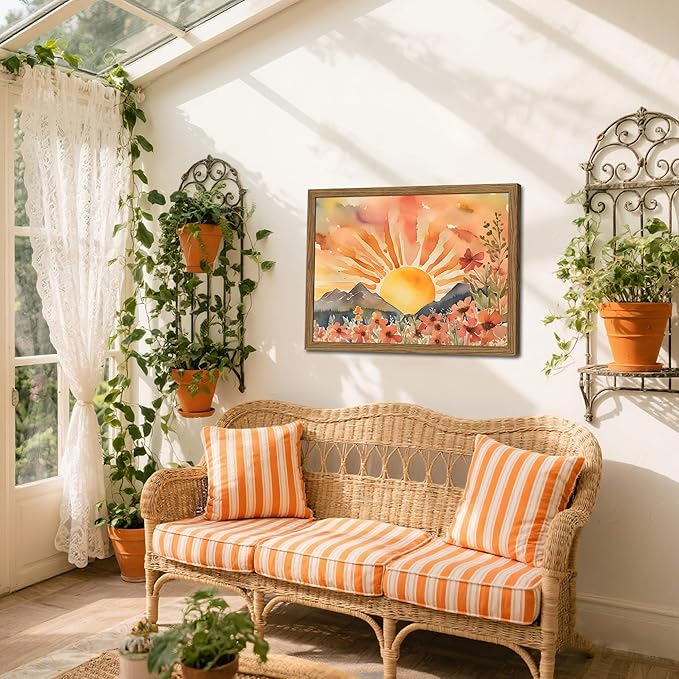 Framed Sunset Boho Wall Art for Living Room - Modern Abstract Floral Canvas Picture Boho Wall Decor, Sun Landscape Aesthetic Painting Poster Prints for Bedroom Home Office 16x24 inch