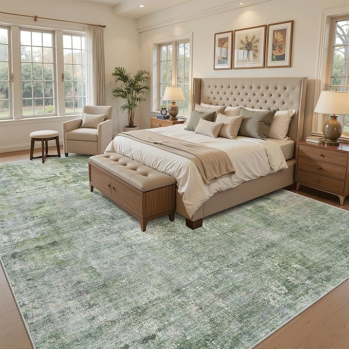 Soalmost Area Rug 10x12 Vintage Washable Living Room Large Carpet Non Slip Bedroom Indoor Office Dining Room Low Pile Thin Rug Green/Ivory