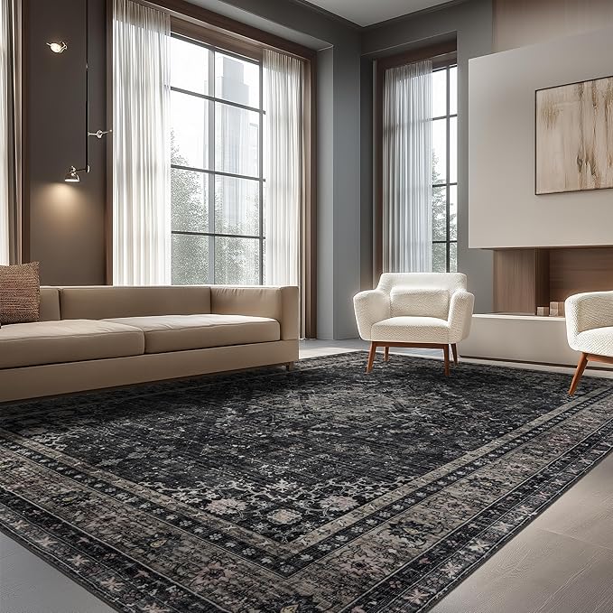 Ruaruarug Area Rug for Bedroom Living Room, Washable Non-Slip Foldable Waterproof, Soft for Office Dining Room Kids, Fluffy Easy to Clean, Decor Aesthetic Black Gray, 8'×10'