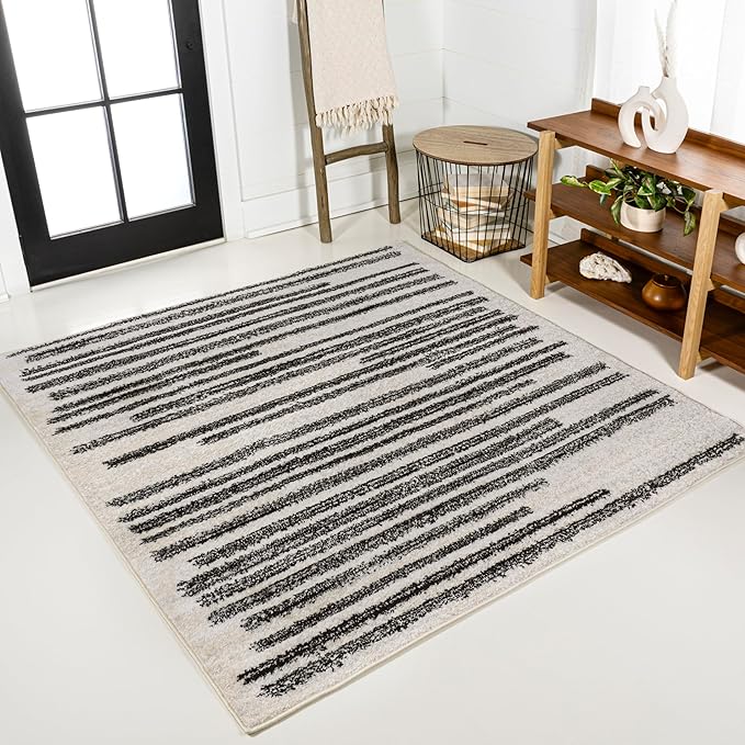 JONATHAN Y Khalil Modern Berber Stripe Cream/Black 8x8 Square Indoor Area Rug, Contemporary, Bohemian, Easy-Cleaning for Living Room, Bedroom, Kitchen, Pet Friendly, Non-Shedding (MOH207A-8SQ)