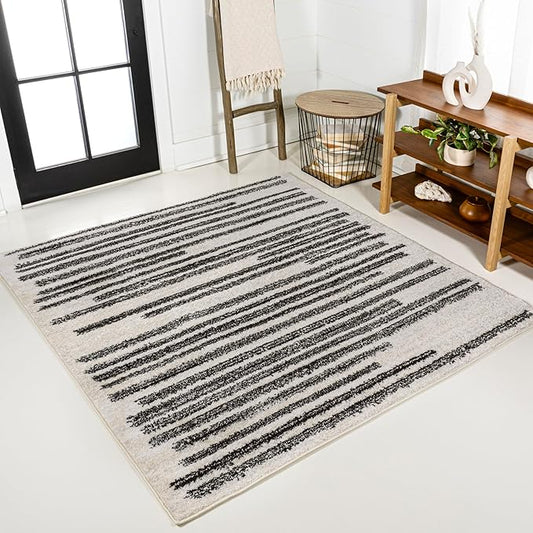 JONATHAN Y Khalil Modern Berber Stripe Cream/Black 5x5 Square Indoor Area Rug, Contemporary, Bohemian, Easy-Cleaning for Living Room, Bedroom, Kitchen, Pet Friendly, Non-Shedding (MOH207A-5SQ)
