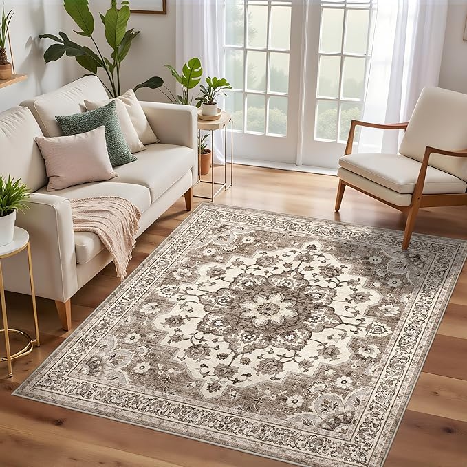 TOPRUUG 4x4 Washable Entry Rug - Area Rugs for Kitchen Bedroom Bedside Bathroom Entryway Non Slip with Rubber Backing Low Pile Ultra Soft Stain Resistant Small Carpet (Beige, 4x4)