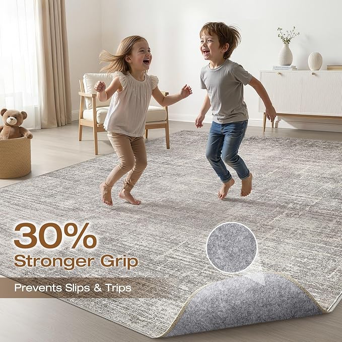 10x13 Area Rug Living Room: Washable Large Neutral Rugs Abstract Soft Modern Stain Resistant Indoor Floor Non-Slip Carpet for Bedroom Nursery Kids Office Playroom Dining Room Under Table- Brown Gray