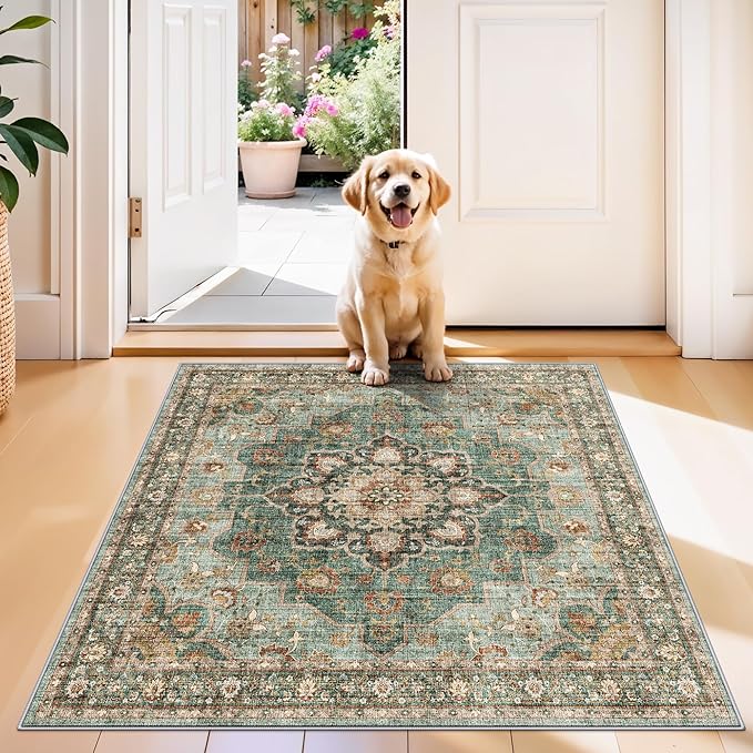 TOPRUUG Green Washable Entry Rug - 3x3 Area Rugs for Kitchen Bedroom Bedside Bathroom Entryway Non Slip with Rubber Backing Low Pile Ultra Soft Stain Resistant Small Carpet (Green, 3x3)