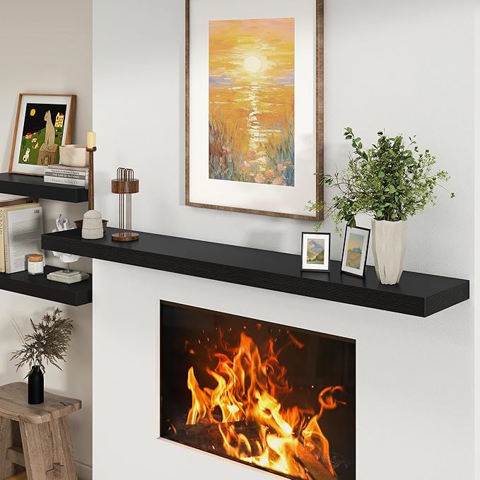 FLYJOE 72 Inch Black Floating Shelf | 12 Inch Deep Floating Shelves Set of 1 | 72" D x 12" D Rustic Wood Shelves for Wall | Deep Black Shelves for Living Room Bathroom Laundry Room Kitchen