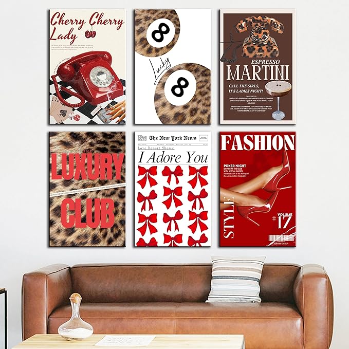 ZxXzkwpP Red Cheetah Print Room Decor Poster, Trendy Fashion Leopard Print Wall Art Aesthetic Lucky 8 Ball Poster Coquette Preppy Y2k Red Funky Art For Bedroom (16x24x6 Framed)