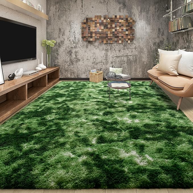 Tepook Fluffy Large Rugs for Living Room, 8x10 Area Rugs for Bedroom, Modern Shag Fuzzy Carpets for Kids Boys Girls, Plush Indoor Nursery Home Decor Rug with Non-Slip Bottom, Tie-Dyed Dark Green