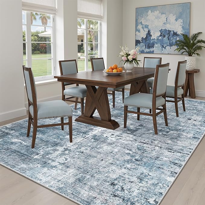Soalmost Abstract Rug 5x7 Machine Washable Area Indoor Blue Low Pile Non-Slip Foldable Thin Accent Rugs for Bedroom Living Room Dining Room