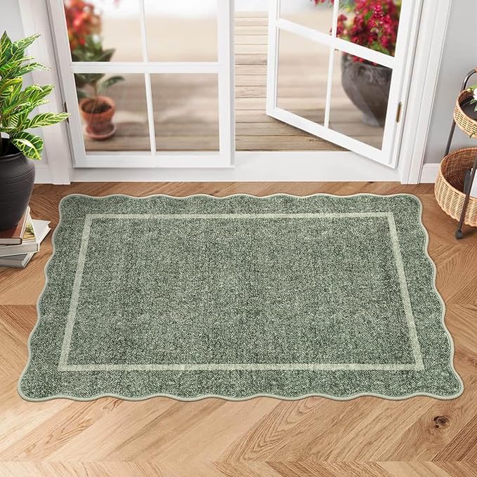 GarveeHome Scalloped Small Area Rug 2x3 Entryway Mat with Rubber Backing Stain Resistant Throw Carpet Modern Solid Color Bath Mat Contemporary Washable Rug for Living Room Bedroom Dining Room Kitchen