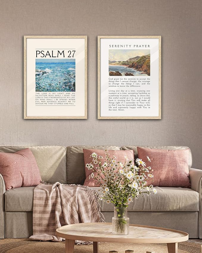 EcoHest OAK Wood Jesus Framed Wall Art, 12x16in Psalm 27 Bible Verse Christian Wall Art, Modern Faith Religious Bedroom Decor For Living Room Bathroom Christian Merch Gift 1Pack