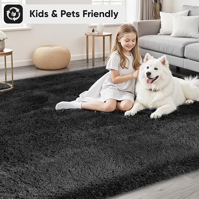 8x10 Area Rugs for Living Room Bedroom: Soft Fluffy Black Shag Upgrade Non-Slip High Pile Carpet Large Fuzzy Plush Indoor Floor Decor Shaggy Rug for Kid Boys Girls Dorms Playroom Nursery Modern Home