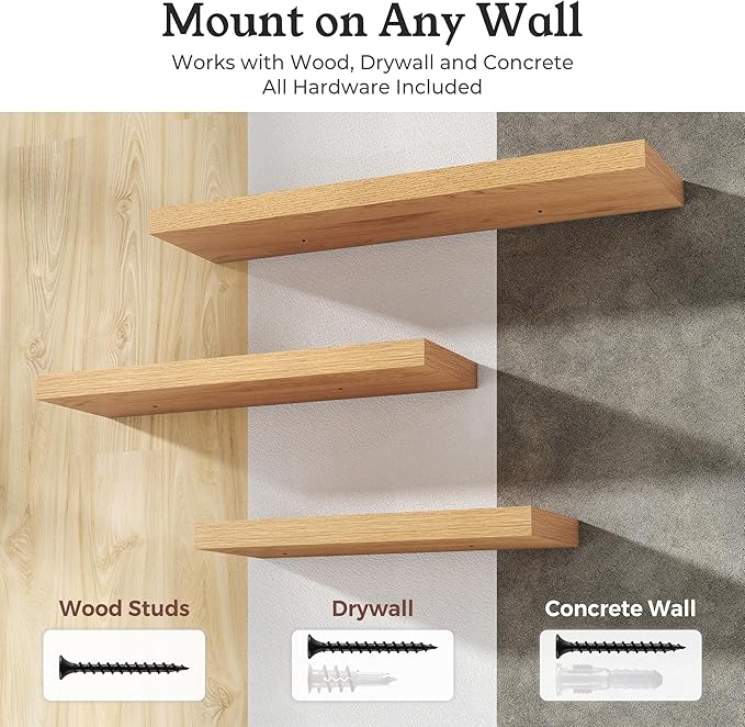 Floating Shelves for Wall, 7.9" Deep Wall Mounted Wood Shelves for Bathroom, Bedroom, Living Room, Kitchen, Hanging Shelf for Books/Storage/Room Decor (Oak, 16")