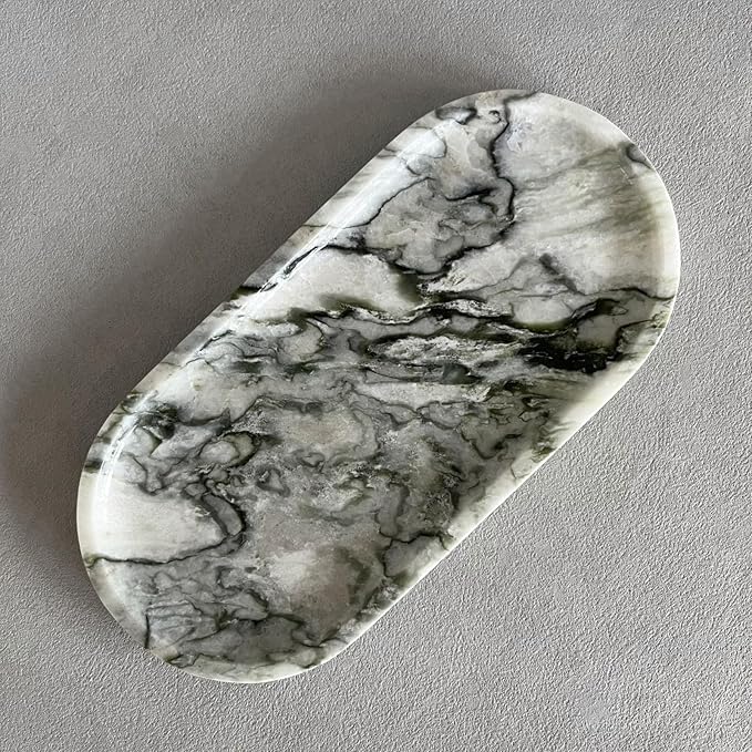 Natural Marble Oval Tray Ornaments Vintage Small Tray Storage Dish for Counter, Vanity, Dresser, Nightstand and Desk (Green Emerald)