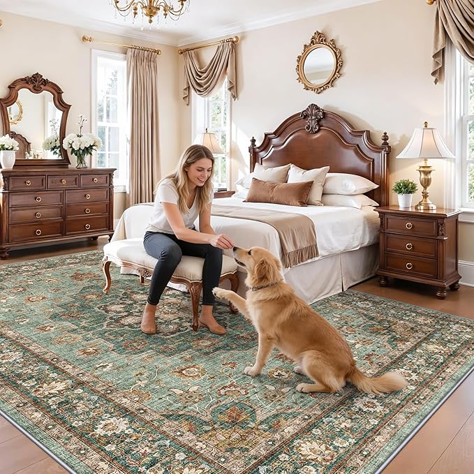 TOPRUUG Washable Oriental Area Rug - Green 9x11 Area Rugs for Living Room Bedroom Dining Room Under Kitchen Table - Non-Slip & Stain Resistance Rug for High Traffic Area (Green, 9x11)