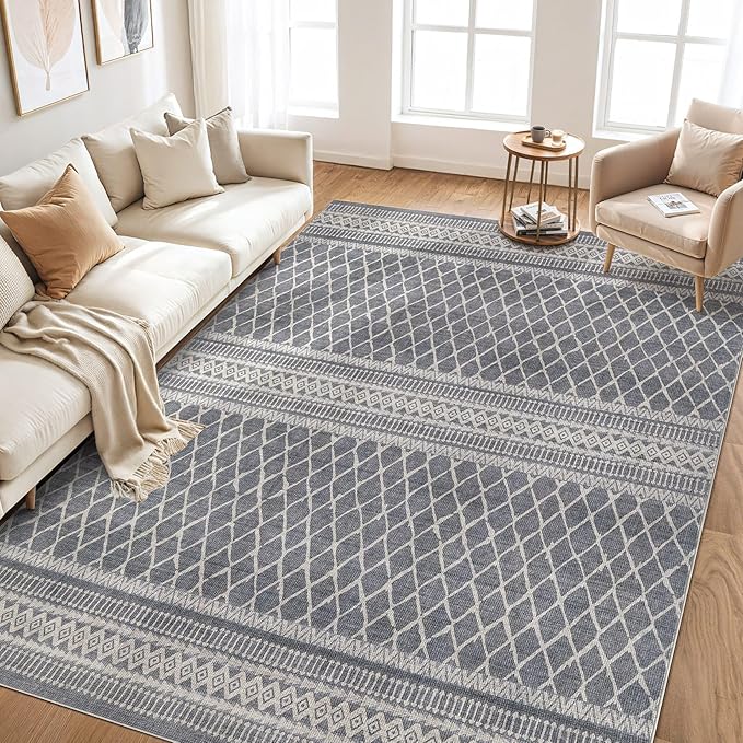 cotiled 8x10 Area Rug Living Room: Washable Boho Rugs with Non Slip Backing Large Soft Indoor Stain Resistant Carpet for Bedroom Farmhouse Dining Room Lightweight Home Decor Charcoal Grey