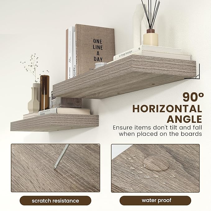 FLYJOE Deep Floating Shelves | 36 Inch Grey Floating Shelves Set of 2 | 12 Inch Deep Rustic Wood Shelves for Wall | 36" W x 12" D Grey Shelves for Living Room Bathroom Laundry Room Kitchen