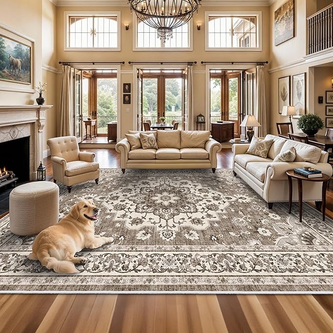 TOPRUUG Washable 12x18 Area Rug - Extra Large Rugs for Living Room Soft Low Pile Carpet for Bedroom Non-Slip Stain Resistant Vintage Indoor Floor Carpets (Beige, 12x18)