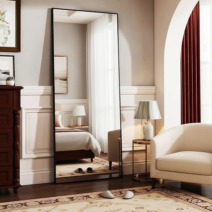 Full Length Mirror 56"x21" Black Rectangle Floor Mirror with Stand, Aluminum Alloy Frame Tempered Glass Full Body Mirror, Wall Mountable Standing for Bedroom Bathroom Living Room Entryway