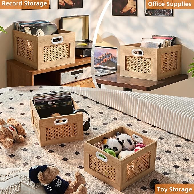 LELELINKY Vinyl Record Storage Crate, Rattan Vinyl Record Holder with Handle, Natural Wood Record Crate for Vinyls Holder up to 75 LP's, Desktop Cube Album Storage for Vinyls Records
