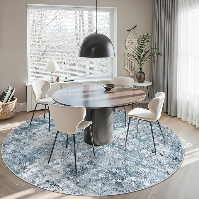Soalmost 8x8 Blue/Grey Round Rug 8ft Living Room Circle Rug Vintage Round Area Rug Non Slip Indoor Carpet for Apartment