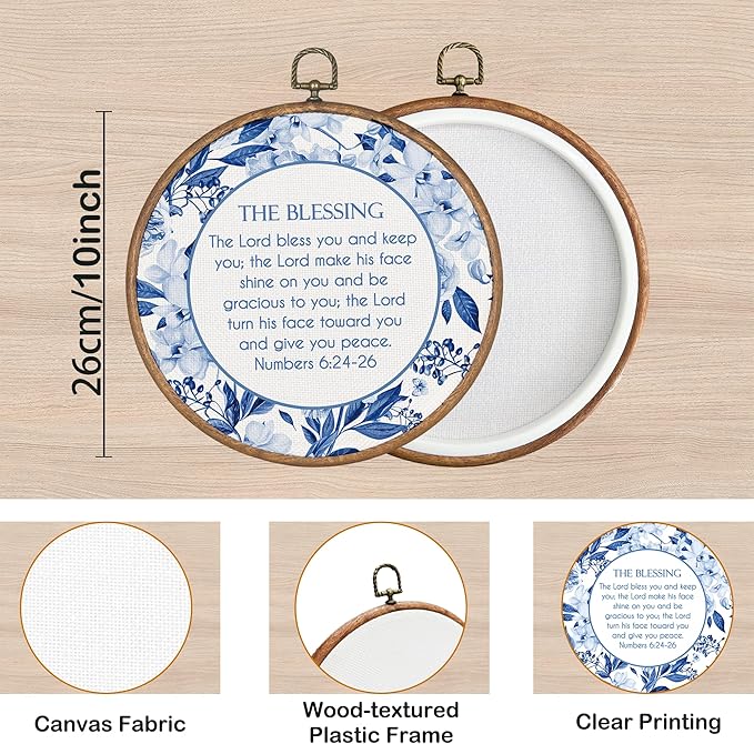 KSDUT Christian Floral Wall Decor Art - Blue Flowers Trendy Retro Wall Art Canvas Frame Hanging Prints, Bible Verse Preppy Round Wall Art Decor for Grandmillennial Home Bedroom Decorations 10"x10"
