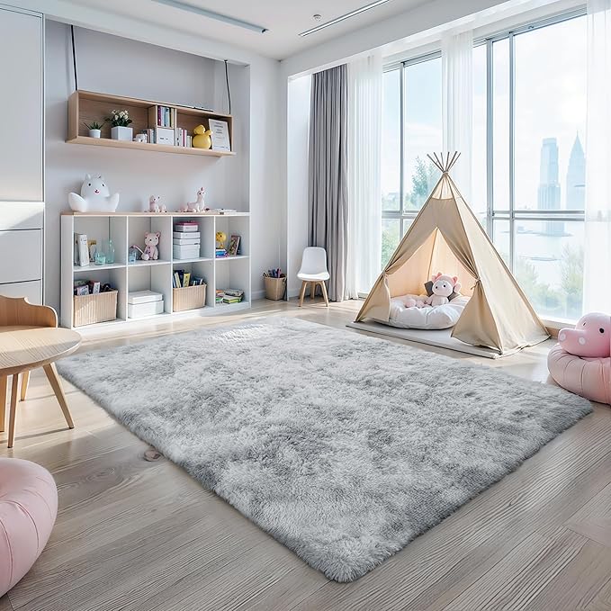 KICHOWUA 6x9 Light Grey Fluffy Shag Area Rug for Bedroom, Soft Plush Fuzzy Washable Non Slip Carpet for Living Room, Modern Comfy Furry Shaggy Large Rug for Kids Baby Boys Nursery Dorm, Tie-Dye Gray