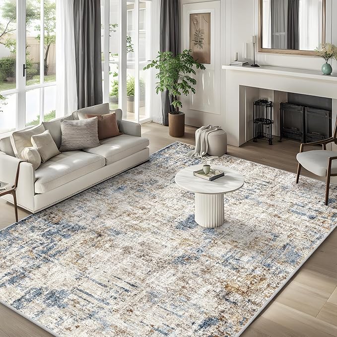 9x12 Washable Living Room Rug – Neutral Modern Abstract Large Area Rugs for Bedroom, Dining Room, Office – Soft Non-Slip Low-Pile Thin Stain-Resistant Indoor Carpet (Blue Brown)