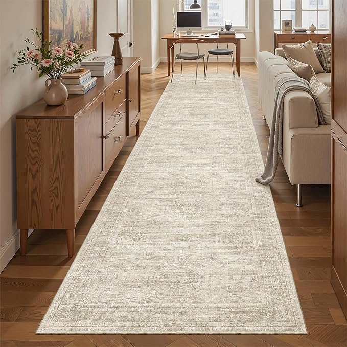 Soalmost Runner Rug 2'6" x 12' Washable Non-Slip Runner Rugs for Kitchen Bathroom Laundry Room Vintage Ultra Thin Runners for Hallway Entryway Beige