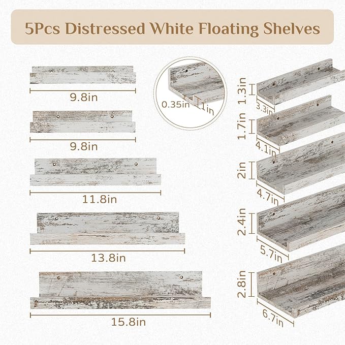 Rustic Shelves Wall-Mounted Distressed White - Farmhouse Wall Shelves 15.8 inch Wood Wall Decor Decorative Small Floating Ledge Shelf for Bedroom Living Room