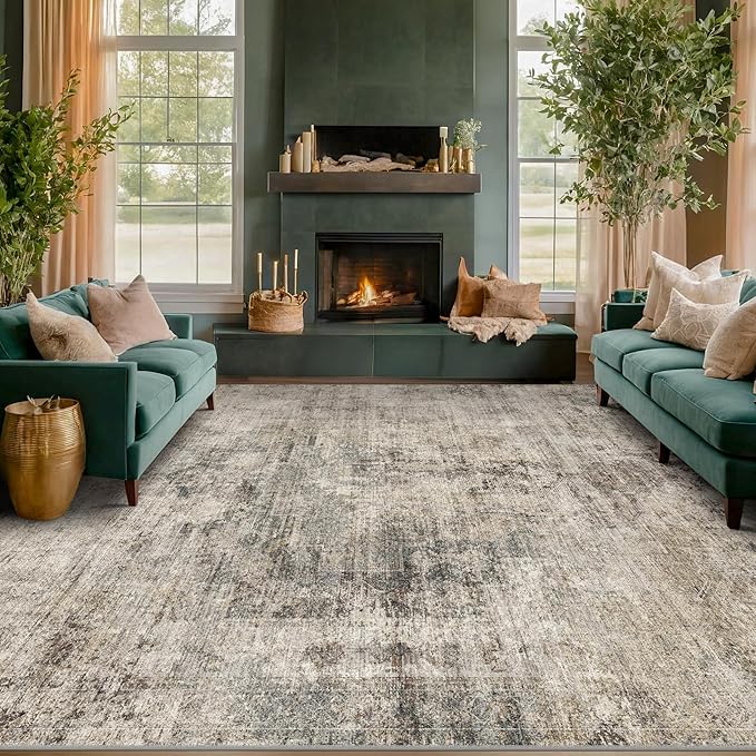 Hazo Haus Taupe Brown Big Rugs for Living Room 9x12 - Modern Farmhouse Rustic Large Rug for Dining Room, Bedroom, Washable Foldable Dark Academy Décor