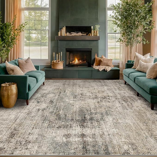 Hazo Haus Taupe Brown Extra Large Area Rug for Living Room 10x14 – Modern Farmhouse Rustic Washable Rug for Dining Room & Bedroom, Non-Slip Foldable Dark Academia Décor
