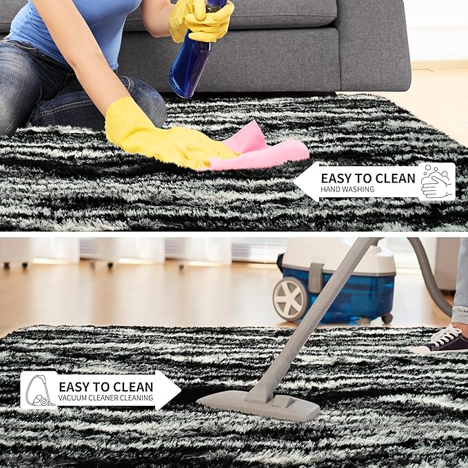 Tepook Area Rugs 9x12 for Living Room, Super Soft Fluffy Rugs for Bedroom, Modern Shaggy Rug Fuzzy Carpets for Kids, Plush Indoor Nursery Home Decor Rug with Non-Slip Bottom, Black White