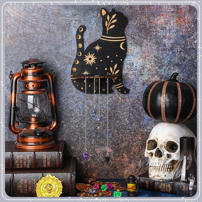 Qunclay 10 Inch Crystal Shelf Display for Wall with 3 Crystal Stones Wooden Wall Mounted Display Decorative Hamsa Hand Organizer Floating Shelf for Bath Bedroom Knick Knacks Art Collections(Cat)