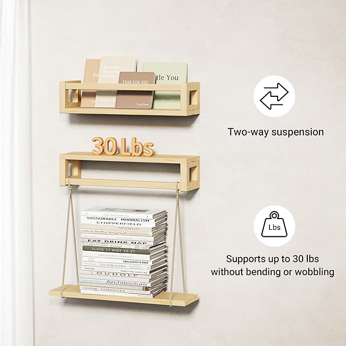 TidyCorner Upgraded Thick Floating Shelves - Multi-Use Wall-Mounted Bookshelves for Kids and Nursery, Ideal for Books, Toys, Spice Rack, Decor - NaturalWood