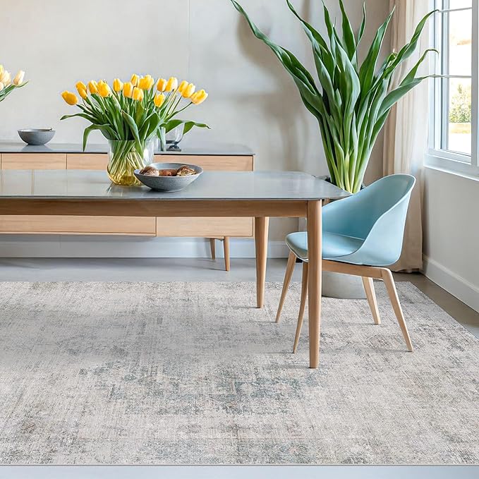 Hazo Haus Blue Abstract Rug for Dining Room - 5x8 Modern Area Rug for Home Office, Foyer, Bedroom, Low Pile & Lightweight