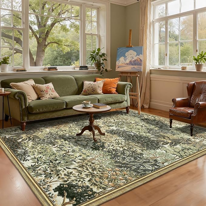 GarveeHome Forest Rugs 5x7, Brown Green Washable Area Rugs for Living Room 5x7, Botanical Low Pile Non Slip Stain Resistance Woodland Rug for Farmhouse, Bedroom, Dining Room