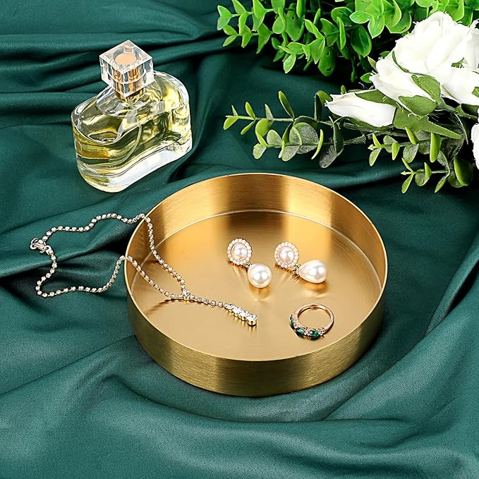 Hipiwe Small Key Bowl for Entryway Table, 5.5" Round Gold Stainless Steel Tray Vintage Jewelry Dish Metal Decorative Tray Makeup Organizer for Key Vanity Perfume Trinket Candle Plate