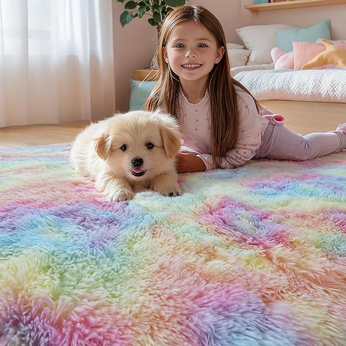 Washable 4x6 Rainbow Fluffy Shaggy Area Rugs, Kawaii Princess Soft Plush Carpet for Girls Bedroom Kids Playroom, Cute Colorful Fuzzy Rug for Nursery Dorm Baby Toddler Teenage