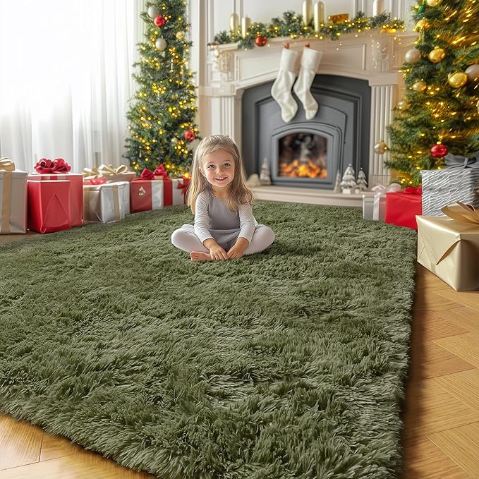 Amdrebio Olive Green Rugs for Bedroom Living Room, Fluffy Shaggy Modern Area Rug 4x6 for Girls Boys Kids Room Decor, Soft Plush Fuzzy Furry Cool Carpet for Nursery Classroom Dorm Playroom Apartment