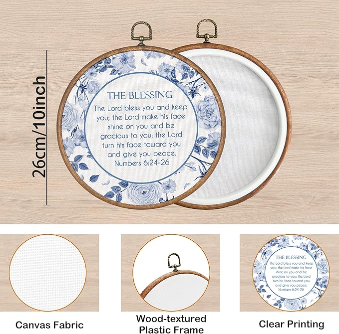 KSDUT Christian Floral Wall Decor Art - Blue Flower Trendy Retro Wall Art Canvas Frame Hanging Prints, Bible Verse Preppy Round Wall Art Decor for Grandmillennial Home Bedroom Decorations 10"x10"