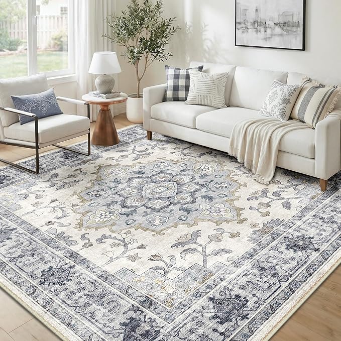 CAPALOCA Machine Washable Rugs Nursery Rug 9x12 Area Rugs Girl Non Slip Low Pile Water Repellent Soft Print Pattern for Bedroom Indoor Decor Kids Playroom Bluewhite